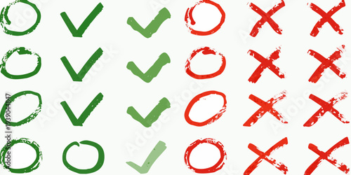 Collection of hand drawn checkmarks and x marks in green and red
