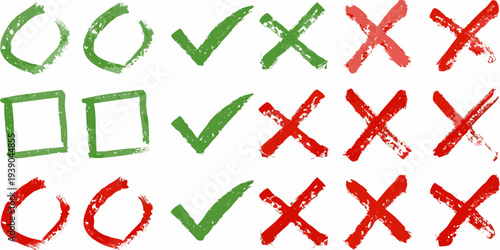 Colorful checkmarks x marks and squares in a repeating pattern