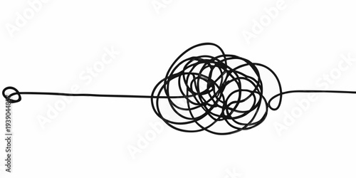 A tangled black line extends from a simple loop on a white background