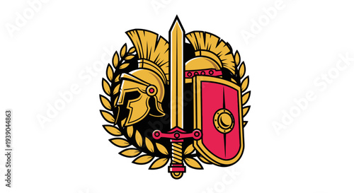 Ancient Warrior Emblem with Helmet, Shield and Sword