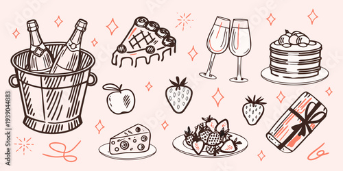 Celebratory illustration featuring champagne cake and various sweet treats