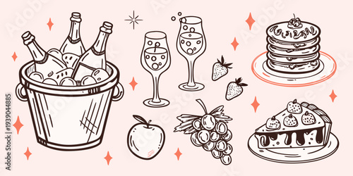 Festive illustration depicting champagne desserts and fresh fruit arrangements