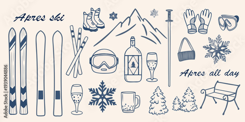 Apr s ski elements skis goggles drinks and winter mountain scene