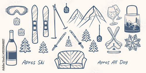 Winter sports and apr s ski themed line drawings in blue tones