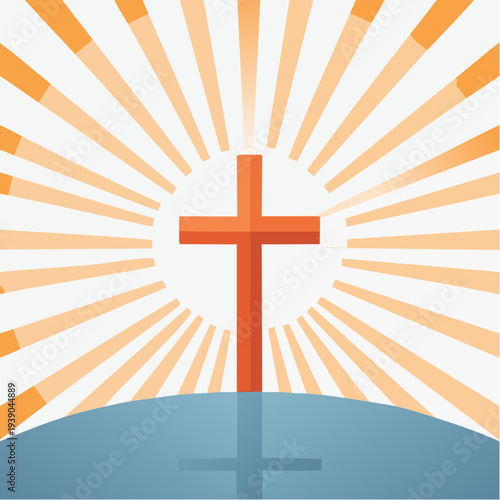 Christian Cross Symbol with Radiant Sunbeams and Hill.