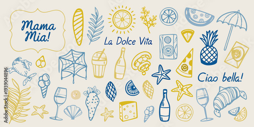 Italian summer doodles featuring food drink and seaside elements