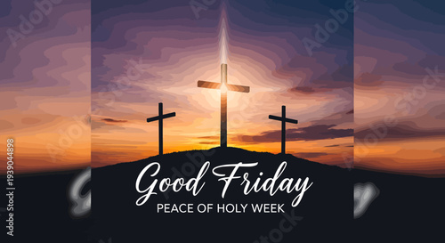 Good friday holy week crosses silhouette at sunset