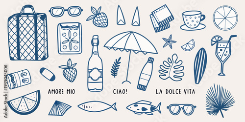 Collection of hand drawn summer themed icons and illustrations in blue