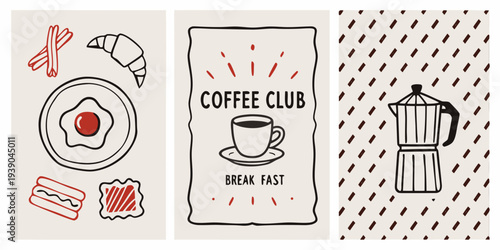 Stylized breakfast and coffee themed illustrations in a triptych format