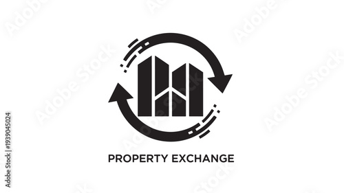 A black and white logo featuring a stylized building icon within a circular arrow, representing property exchange and real estate concepts, on a clean white background.