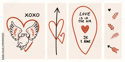 Valentine s day themed illustrations with hearts doves and affectionate text