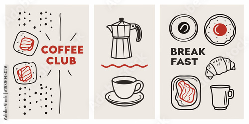 Stylized coffee and breakfast illustrations in a minimalist design