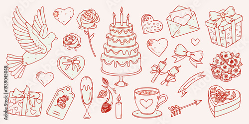 Hand drawn collection of romantic symbols hearts flowers and gifts