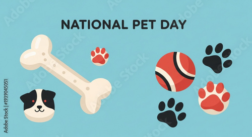 National pet day icons with dog bone paw prints and ball on blue background