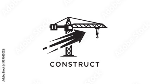 A black and white illustration of a construction crane with a large arrow pointing to the right, symbolizing progress and development in a building or engineering project.