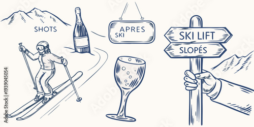 Skiing apr s ski and celebratory drinks depicted in a hand drawn style