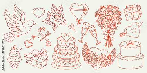 A collection of hand drawn romantic elements for valentine s day or weddings