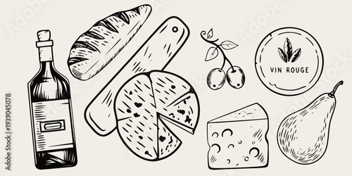 A charming sketch of french food bread cheese wine and fruit