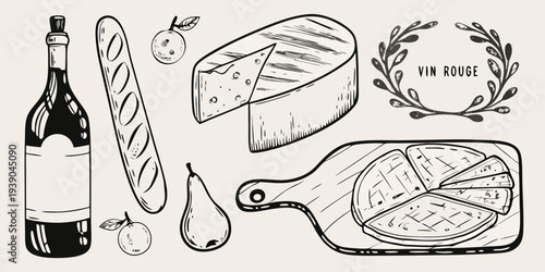 A sketch of wine cheese bread and fruit arranged for a picnic