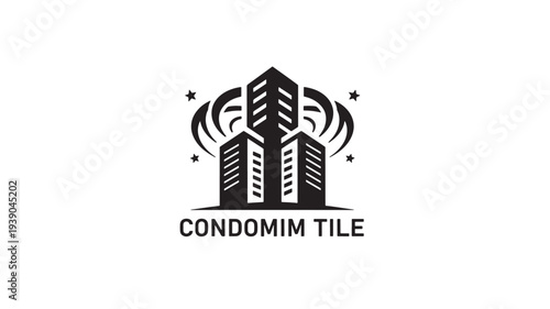 A sleek black logo featuring a stylized condominium building with the text 'condomim tile' on a clean white background, representing modern architecture and real estate branding.