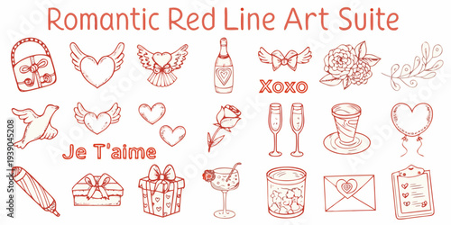 Collection of hand drawn romantic red line art elements for love and celebration
