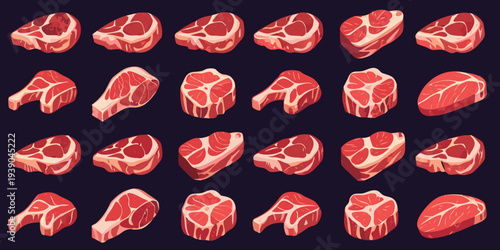 A colorful illustration displaying various cuts of raw red meat