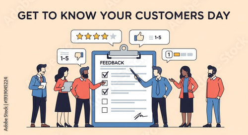 Customer feedback concept with people and rating checklist on clipboard get to know your customers day
