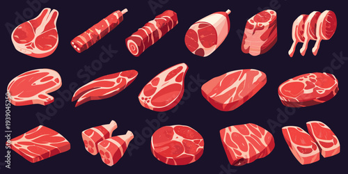 Assorted cuts of raw red meat displayed in a colorful illustration