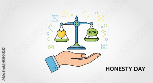 Hand holding scale balancing heart and truth on honesty day with symbolic icons around