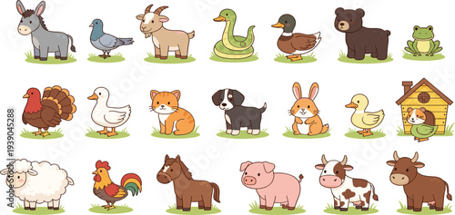 Cartoon Style Farm and Wild Animals Illustration Featuring Donkey, Goat, Snake, Duck, Bear, Pig, Cow, and Mor