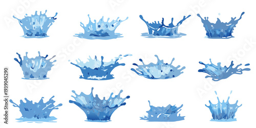 Collection of stylized water splashes in varying shapes and forms