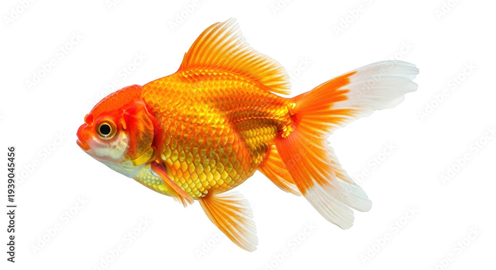 Fototapeta premium Isolated fancy goldfish swimming with its fins spread, an exotic golden-orange color
