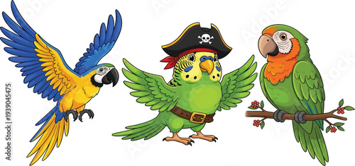 Cartoon Style Parrots Including a Macaw, Pirate Parrot, and Vibrant Green Parrot with Fun Poses