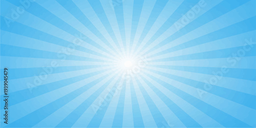 A bright blue sunburst vector illustration features abstract sunlight rays glowing from a central burst to create a vibrant summer sky wallpaper and a shiny nature backdrop design