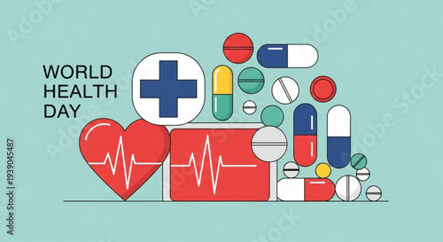 World health day medical icons with heart rate and pills on blue background for healthcare and wellness concept