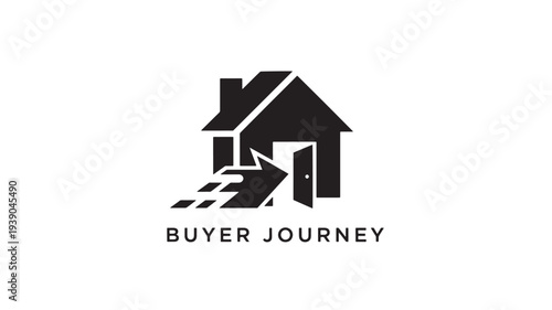 A black house icon with an open door and a white arrow pointing inside, symbolizing the buyer journey, on a white background.
