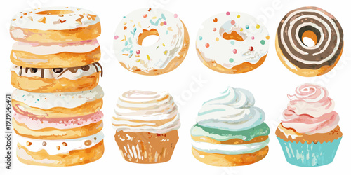 Watercolor illustration of stacked donuts cupcakes and frosted pastries