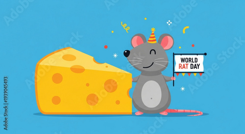 Smiling cartoon mouse with unicorn horn holds world rat day sign next to large cheese wedge on blue background with festive sparks