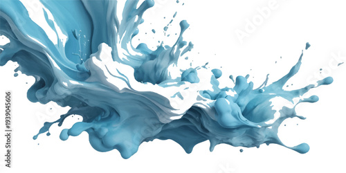 A fresh blue liquid water splash with clear bubbles and transparent drops creates an abstract motion ripple isolated on a clean white background