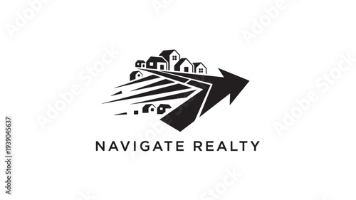 A black and white logo featuring a stylized arrow pointing to the right, with houses and buildings, representing Navigate Realty, conveying direction and navigation in real estate.