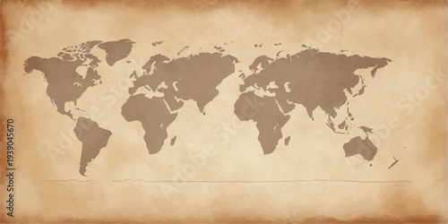 A vintage antique world map aged on grunge paper texture features an ancient atlas of the earth's continents and a retro globe for global travel and geography art