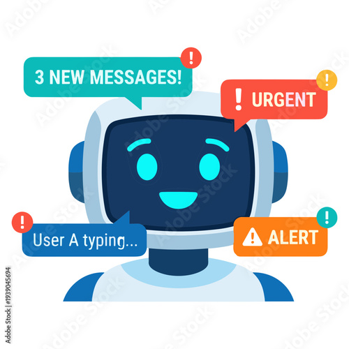 A robot displays notification messages on its screen with a happy expression.