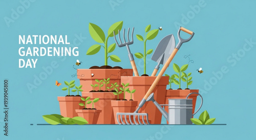 National gardening day illustration with potted plants gardening tools and a watering can on a blue background