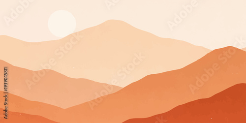 Vector illustration of an abstract desert landscape with orange sand dunes and mountains under a hot sunset sky