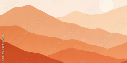 Vector illustration of a mountain landscape featuring a desert sunset with orange sand dunes and mountain silhouettes under a hot summer sky