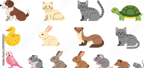 Cartoon Style Pet Animals Illustration Featuring a Dog, Cat, Turtle, Duck, Rabbit, Ferret, Bird, and Mouse