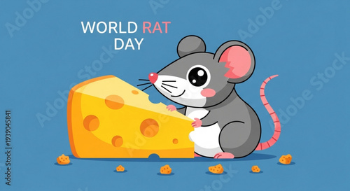 Cartoon rat eating cheese on world rat day with text on blue background