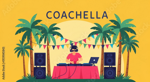 Music festival scene with dj at coachella event palm trees and colorful flags sunny outdoor setting