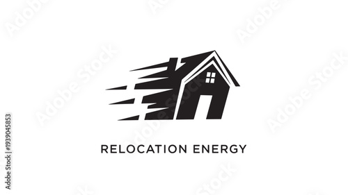 A dynamic black and white logo featuring a house with motion lines, conveying relocation energy and speedy home moving services.