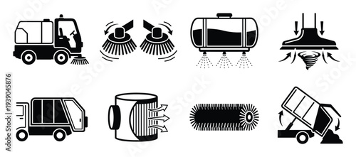 Street Sweeper Vector Icon Set: Cleaning Vehicle, Brushes, Water Tank, Vacuum, Filter, and Dump Icons Collection